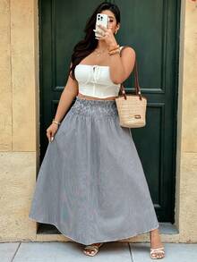 Ceyna 大码女式腰部抽绳条纹印花A字裙 女士休闲半身裙 女士夏季穿搭 女士春季穿搭 女士半身裙 - 藍白色 - 查看 5