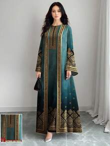 SHEIN Najma 女士复古花卉植物印花长袖休闲阿拉伯风格套装，春秋季 - 彩色 - 查看 1