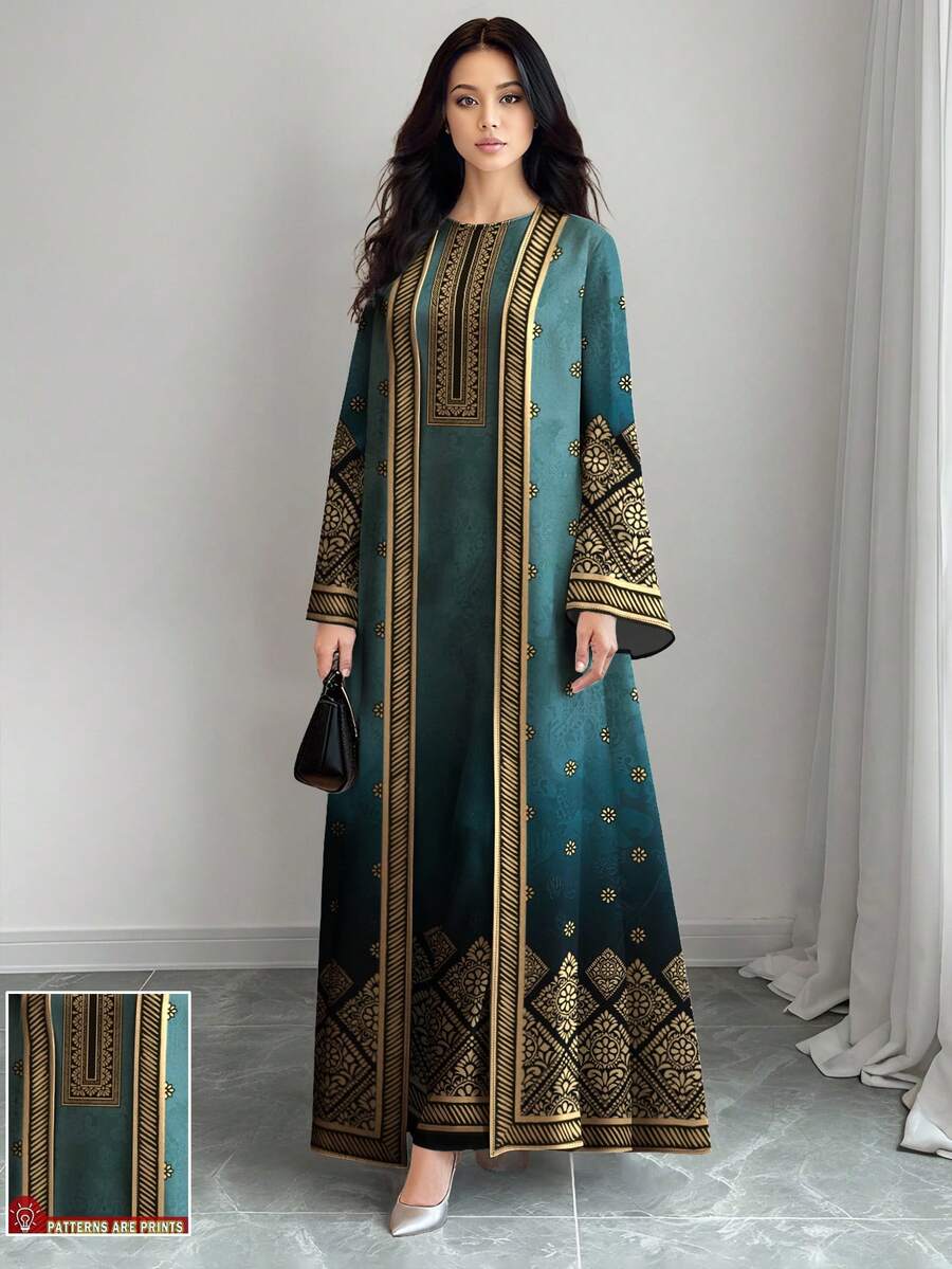 SHEIN Najma 女士复古花卉植物印花长袖休闲阿拉伯风格套装，春秋季 - 彩色 - 查看 1