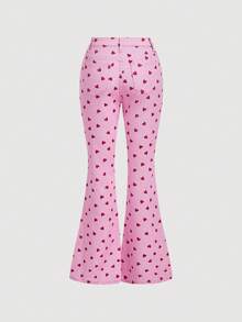 SHEIN MOD 女士情人节爱心印花喇叭牛仔裤 - 粉色 - 查看 2