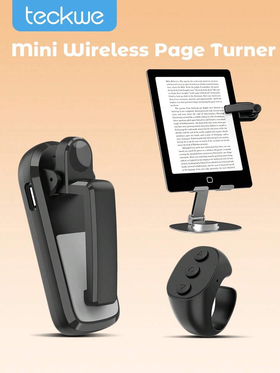 Teckwe Giravolta pagine multifunzione per lettura e scorrimento, clicker giravolta pagine per iPad, telefoni, tablet, telecomando senza fili per fotocamera e videocamera - Nero - Multicolore - Visualizzare 1