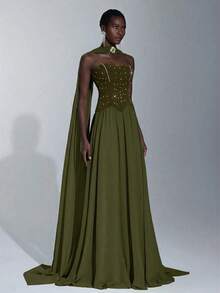 Elitara Elegant Luxurious Handmade Rhinestone Decor Strapless Flowy Patchwork Elastic Knit & Chiffon Maxi Dress For Weddings,Events,Galas,Formal Occasions - Army Green - View 7