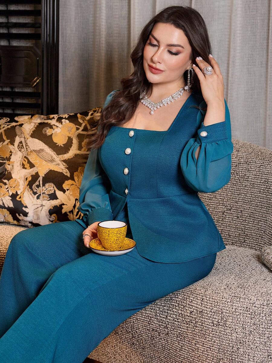 Modelyn 复古蓝绿色方领套装：珍珠纽扣雪纺泡泡袖露脐上衣 + 高腰直筒阔腿裤 / 优雅办公室穿搭 大码两件套 - 水鴨藍 - 查看 1