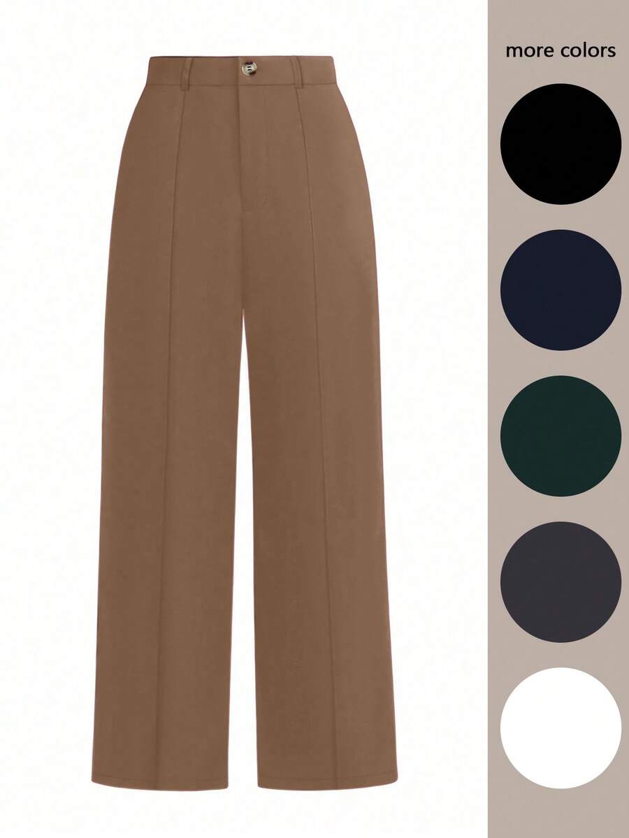 SHEIN LUNE 大码女式纯色阔腿宽松休闲办公裤 - 卡其色 - 查看 1