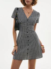 Poéselle 女士休闲格子前开襟纽扣收腰短袖迷你连衣裙，夏季 - 黑色 - 查看 6