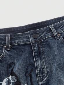 ROMWE MEN Men's Printed Layered Denim Jeans - Blue - View 5