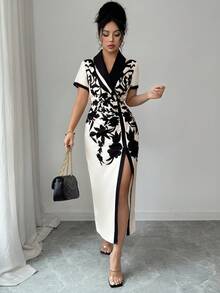 Elenzga Women's Contrast Color Print V-Neck Short Sleeve Mid-Length Dress - Multicolor - View 5