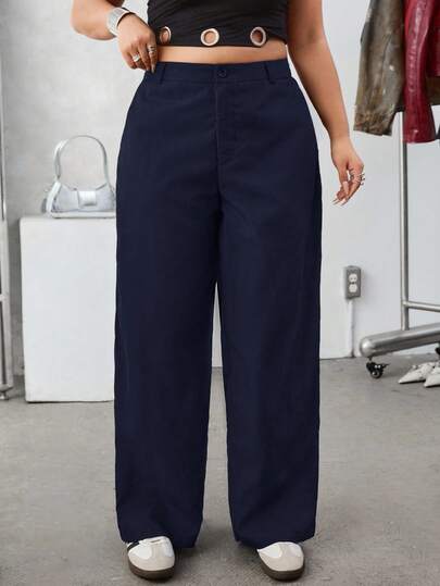 SHEIN EZwear Plus Size Solid Color Slant Pocket Casual Basic Navy Blue Suit Pants, Autumn/Winter