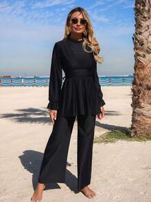 Swim Mulvari 2pcs/Set Women's Black Long Sleeve & Flared Pants Loose Cuffed Sleeve Burkini Swimsuit, Suitable For Spring/Summer Beach - Black - View 6