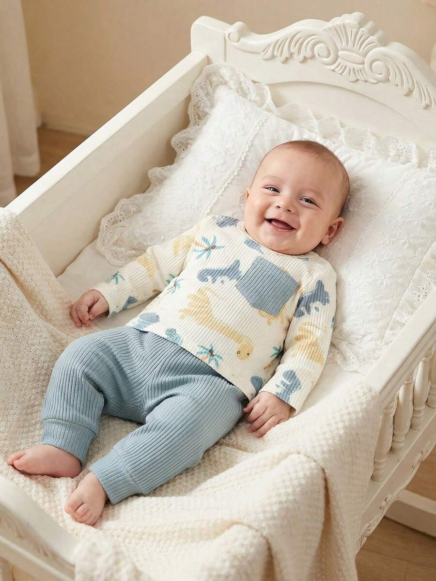 SHEIN Newborn Male Baby White Pit Pattern Cartoon Dinosaur Pattern Print Splicing Green Pocket Long Sleeved Top With Green Pants Two Pieces Set Cute Casual Sports Fashion New Item