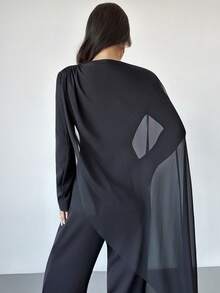Firerie Women's Black Knitted Fabric Casual Blazer With Sheer Drape And Round Neck Long Sleeves - Black - View 4
