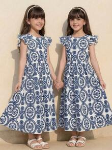 SHEIN Tween Girl Woven Blue & White Print Round Neck Ruffle Sleeve Cinched Waist Mid-Length Dress, Suitable For Travel, Vacation, Countryside Style, Casual, Boho, Matching Sister & Daughter, Blue Dress - Blue and White - View 1