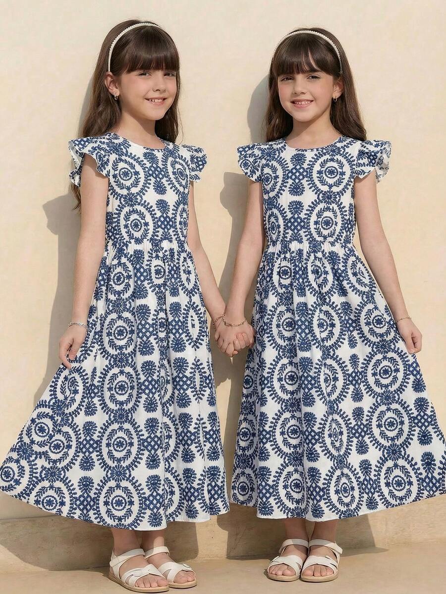 SHEIN Tween Girl Woven Blue & White Print Round Neck Ruffle Sleeve Cinched Waist Mid-Length Dress, Suitable For Travel, Vacation, Countryside Style, Casual, Boho, Matching Sister & Daughter, Blue Dress - Blue and White - View 1