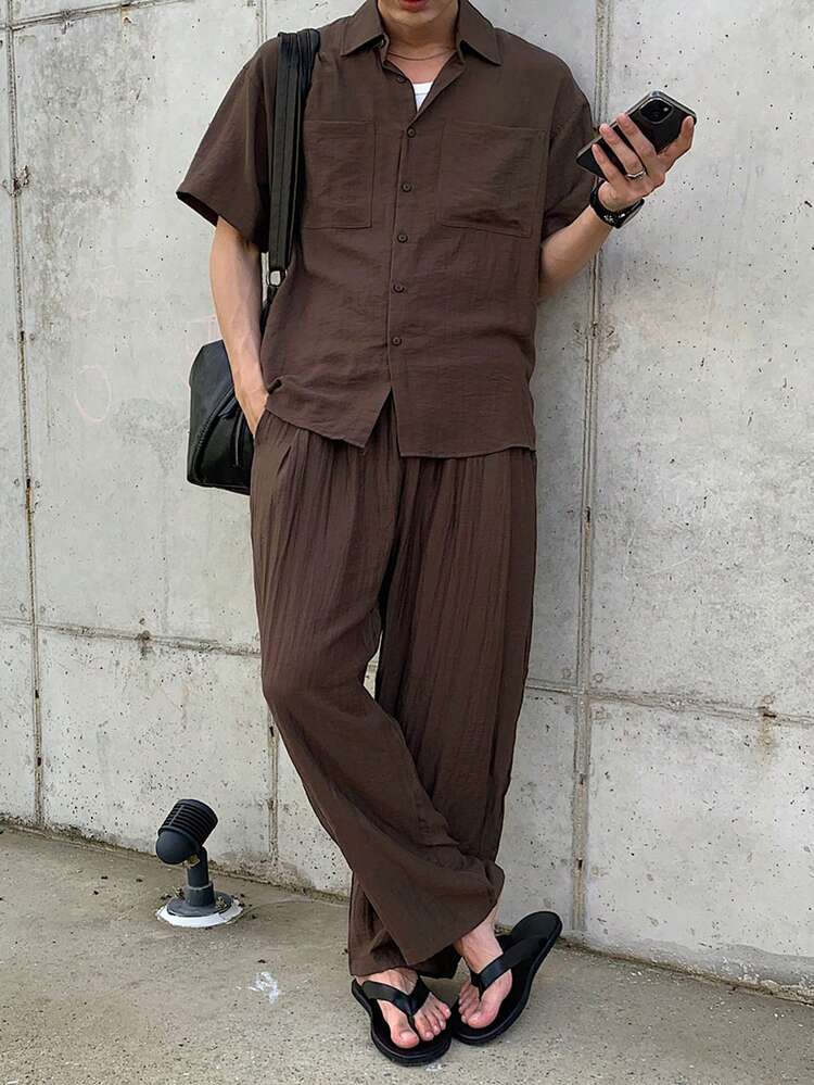 Men's Solid Gray Short Sleeve Shirt And Pants Set, Spring/Summer