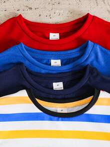 SHEIN 买三送一，4件/套，男女童舒适百搭休闲条纹短袖T恤，带口袋，适合日常穿着、运动、郊游、上学、聚会、节日、摄影、返校季、春夏穿着。 - 寶藍色 - 查看 5