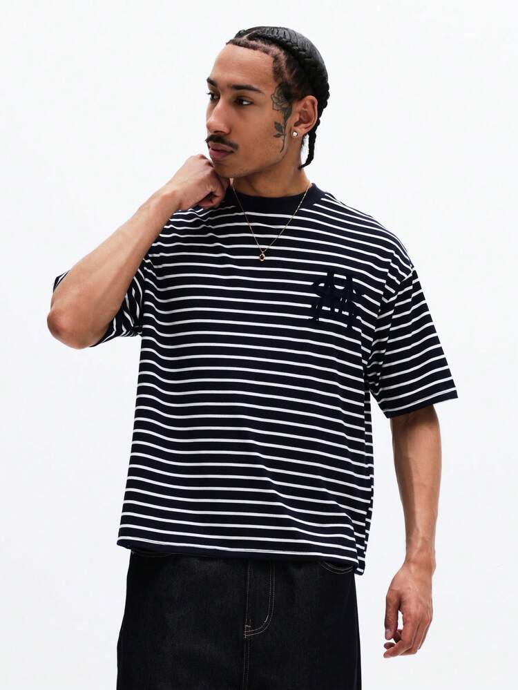 Oversized Striped Tee With Chest Print