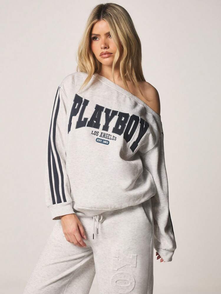 Missguided x Playboy Los Angeles Off Shoulder Varsity Sweatshirt With Stripe Sleeve Detail Long Sleeve Casual Pullover