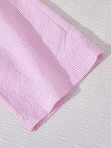 SHEIN 2pcs/Set Tween Girls Elegant Casual Square Neck Button Textured Striped Camisole Top And Loose Wide Leg Pants Set, Suitable For Daily, Commute, Casual, Vacation, Gathering With Friends, Party - Pink - View 5