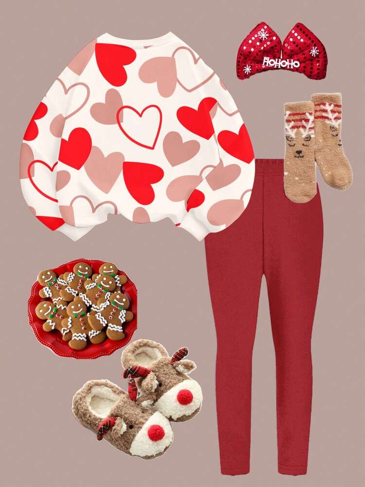 女童休闲柔软可爱爱心印花圆领长袖卫衣和打底裤套装，适合秋冬季日常、居家和度假穿着。 - 彩色 - 查看 2