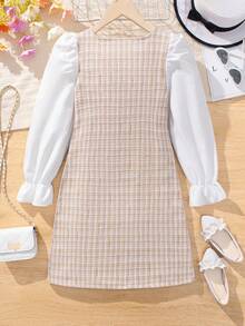 Sparklyn 青少女對比色斜紋蓬袖連衣裙 - 米色 - 查看 2