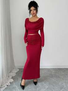 Elenzga Damen elegantes gestricktes Set mit Rüschenkragen Langarm Top + Rüschensaum Rock, geeignet für Bankette und Partys, Herbst/Winter - Bordeaux - Übersicht 6