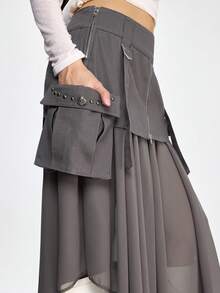 ROMWE Grunge Punk Váy ngắn denim chiffon phối họa tiết đinh tán kim loại màu xanh hải quân kiểu punk, vạt bất đối xứng. - Xám - Xem 3