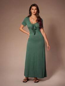 SHEIN 独特蝴蝶结设计橄榄绿短袖女士休闲连衣裙 - 墨綠色 - 查看 4