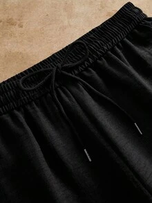 Mainfolk 男士纯色抽绳腰带口袋锥形休闲裤，百搭 - 黑色 - 查看 7