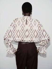 Lumivelle Women's Fashionable Elegant Printed Stand Collar Puff Sleeve Loose Crop Top Spring/Summer Chiffon Fabric With Print, Natural And Versatile.Graphic Tops Women Bell Sleeve Brown Blouses Earthy Tops Scarf Top - Apricot - View 2