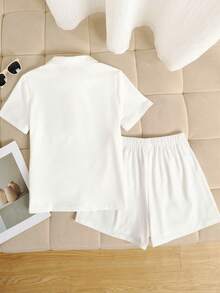 SHEIN 少女宽松休闲马图案Polo衫短裤套装 - 白色 - 查看 2