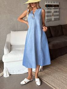 EMERY ROSE 女士纯色V领休闲百搭无袖牛仔连衣裙 - 藍色 - 查看 5
