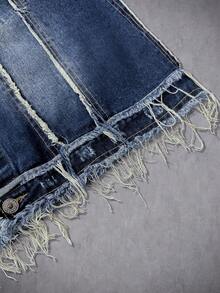 Manfinity Roughcore Men's Washed Vintage Distressed Denim Vest, Navy Blue Fringe Denim Vest - Blue - View 5