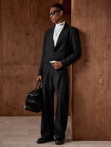 AKNOTIC 男士纯色通勤西装套装 - 圣诞派对宴会商务休闲外套和裤子两件套，男友礼物节日服装男士西装男士晚宴服装男士双排扣西装男士两件套翻领男士黑色西装套装男士双排扣西装男士黑色西装套装男士S码三件套西装 - 黑色 - 查看 7