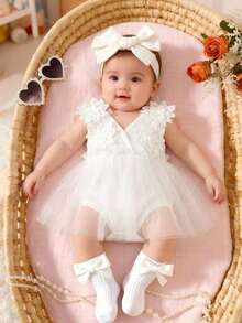This Single-Piece Newborn Adorable Summer Bodysuit With Mesh Detailing Is Perfect For Birthday Parties, Evening Events, Performances, Weddings, Baptisms, Opening Ceremonies, School Days, And Outings. Baby Girl Baptism White Dress White Ruffle Romper Newborn White Party Dress Baby Girl Lace Romper Dress Baby Girl White Dress - White - View 1