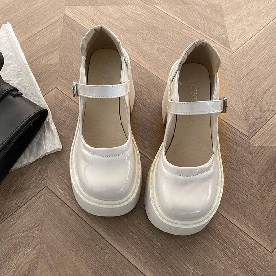Zapatos de tacón alto de cuero para mujer de estilo japonés, modelos con tacón grueso. Zapatos retro de suela gruesa que aumentan la estatura, novedades de primavera/otoño. Zapatos Mary Jane para mujer. Mocasines para mujer. - Beis - Ver 1