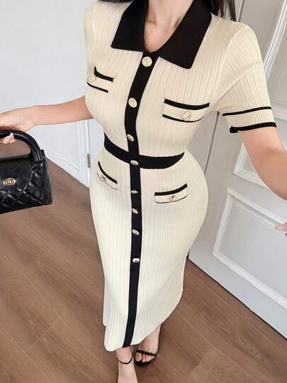 DAZY Women's Elegant Colorblock Collared Faux Pocket Knit Dress, Summer Spring