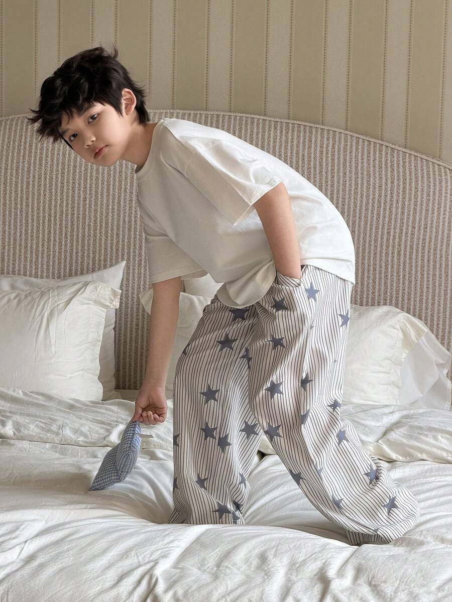 DAZY 男童纯色短袖T恤和条纹星星印花长裤睡衣套装，夏季
