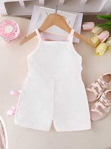 SHEIN Bộ áo liền quần ngắn không tay, chất liệu vải thun gân, trang trí nơ, màu hồng, thích hợp cho bé gái mùa hè, dự tiệc, quần áo mùa hè cho bé gái, áo liền quần cho bé gái sơ sinh, bộ áo liền quần cho bé gái mới sinh. - trắng - Xem 3