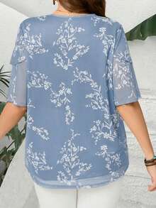 EMERY ROSE 大码女式夏季休闲度假V领短袖印花荷叶袖束腰上衣，夏季假期、春假、外出度假，2026新款，简约时尚，适合日常穿着，荷叶袖上衣，女士V领衬衫，夏季休闲上衣 - 淺藍色 - 查看 2