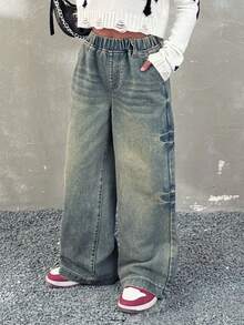 Coolane 青少年女孩秋冬复古拼色低腰阔腿牛仔裤，垃圾洗水做旧宽松牛仔裤 - 藍色 - 查看 5