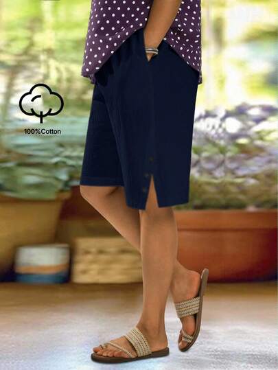 EMERY ROSE Plus Size Women's Knee-Length Casual Shorts, Street Style, Soft & Comfortable With Pockets, Suitable For Casual Wear, Music Festivals, Spring/Summer