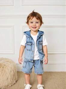 SHEIN Playful Pals 男童两件套：连帽背心搭配宽松多口袋牛仔短裤，浅蓝色水洗薄面料，夏季新款休闲时尚街头风 - 中等水洗藍 - 查看 8