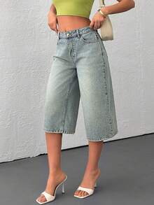 EURMUSE Quần short denim dáng rộng, thoải mái, đã qua xử lý giặt. - Rửa trung bình - Xem 4