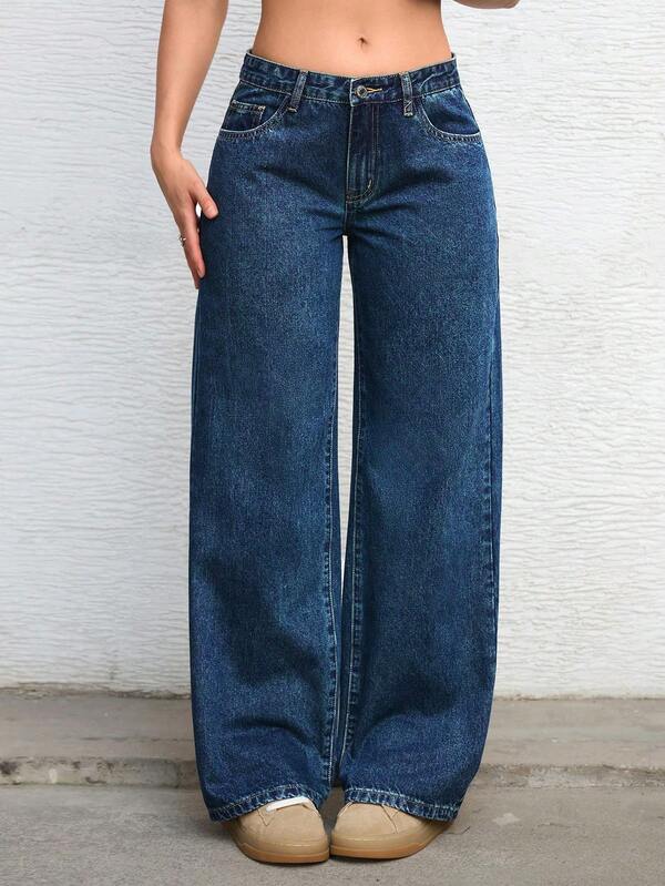 SHEIN ICON Solid Color Slant Pocket Casual Versatile Wide Leg Jeans