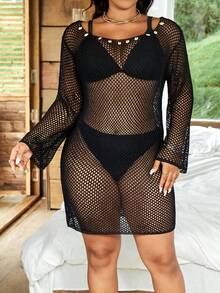 SHEIN Swim Curve Plus Size Shell Decor V-Neck Long Sleeve Beach Cover Up For Summer Beach Vacation - Black - View 5