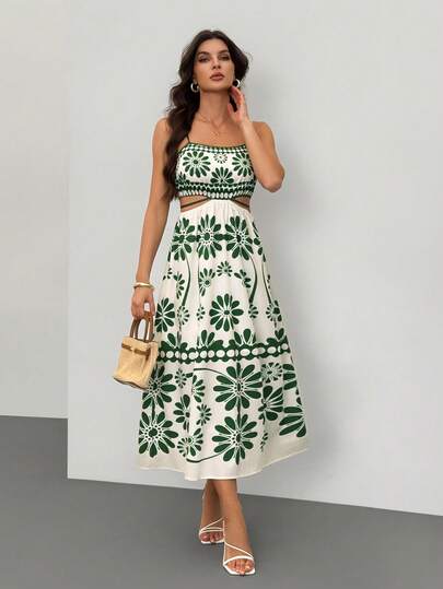 SHEIN Tall Women's Green Tropical Floral Retro Print Hollow-Out Tie-Up Waist A-Line Midi Slip Dress For Vacation