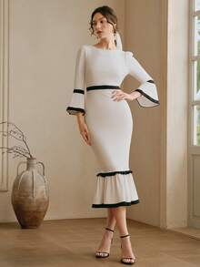 Anewsta 春季新款时尚优雅修身喇叭袖紧身连衣裙（女款） - 黑與白 - 查看 6