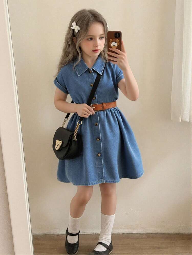 SHEIN Playful Pals Vestido camisero de niña con hombros caídos, cuello, botones delanteros y cinturón de moda, adecuado para uso casual diario y de vacaciones, vestido formal para niña joven - Azul lavado oscuro - Añade 1