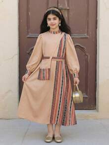 SHEIN 少女米色條紋不對稱拼接洋裝，秋季端莊婚禮賓客少女長袍 Abaya Thobes - 彩色 - 查看 2