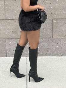 Alexandranx Faux Fur Fluffy Skirt Party Ibiza Fits Summer Boho Ibiza, Holiday, Club Fall Autumn Winter Day Of The Dead Thanksgiving Occasion - Black - View 4